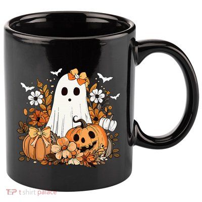 Retro Floral Ghost Cute Pumpkin Autumn Halloween 11oz C Handle Ceramic Mug