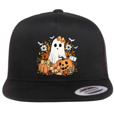 Retro Floral Ghost Cute Pumpkin Autumn Halloween Flatbill Hat