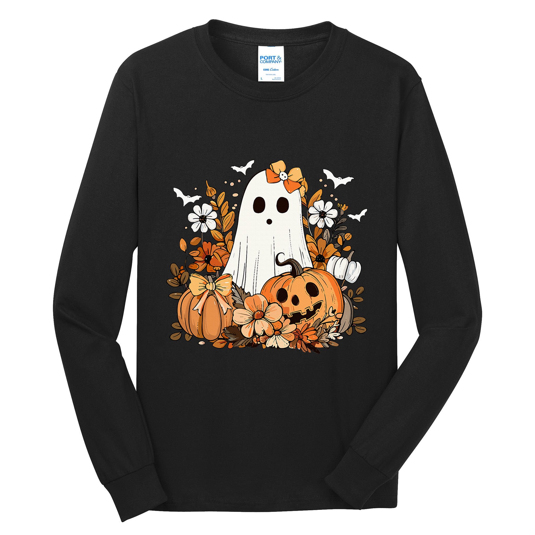 Retro Floral Ghost Cute Pumpkin Autumn Halloween Tall Long Sleeve T-Shirt