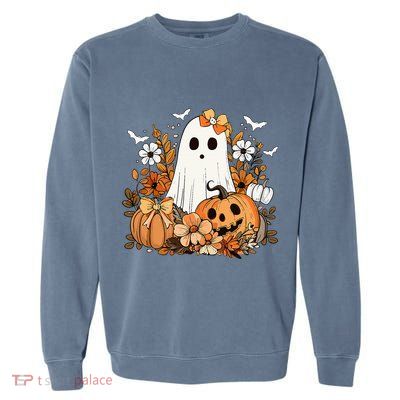 Retro Floral Ghost Cute Pumpkin Autumn Halloween Garment-Dyed Sweatshirt