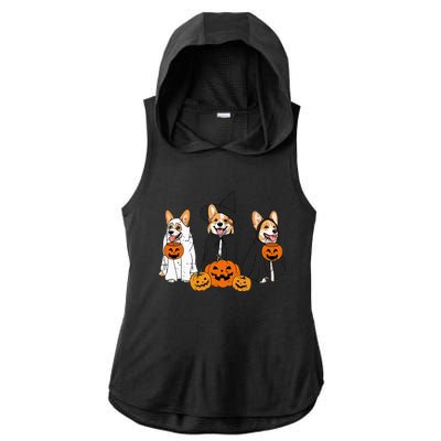 Retro Funny Ghost And Witch Corgi Dog Pumpkin Halloween Cute Ladies PosiCharge Tri-Blend Wicking Draft Hoodie Tank