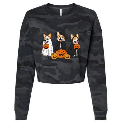 Retro Funny Ghost And Witch Corgi Dog Pumpkin Halloween Cute Cropped Pullover Crew