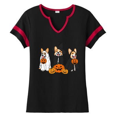 Retro Funny Ghost And Witch Corgi Dog Pumpkin Halloween Cute Ladies Halftime Notch Neck Tee