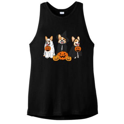 Retro Funny Ghost And Witch Corgi Dog Pumpkin Halloween Cute Ladies PosiCharge Tri-Blend Wicking Tank