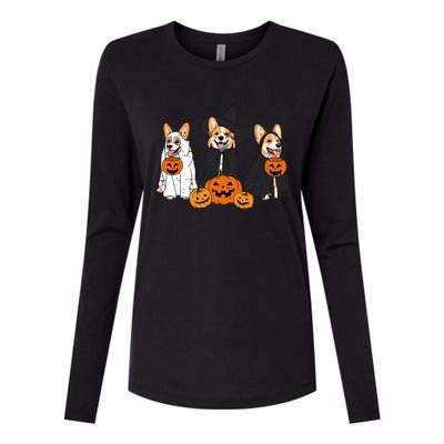 Retro Funny Ghost And Witch Corgi Dog Pumpkin Halloween Cute Womens Cotton Relaxed Long Sleeve T-Shirt