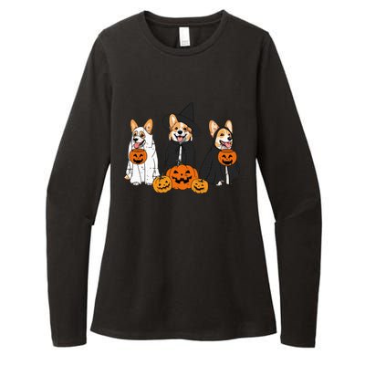 Retro Funny Ghost And Witch Corgi Dog Pumpkin Halloween Cute Womens CVC Long Sleeve Shirt