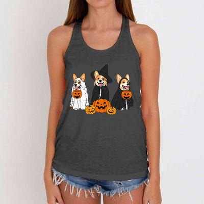 Retro Funny Ghost And Witch Corgi Dog Pumpkin Halloween Cute Women's Knotted Racerback Tank