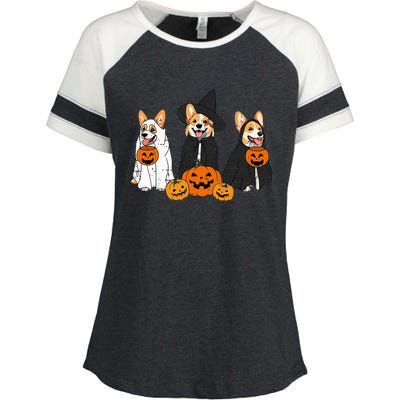 Retro Funny Ghost And Witch Corgi Dog Pumpkin Halloween Cute Enza Ladies Jersey Colorblock Tee