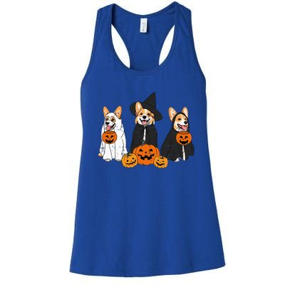 Retro Funny Ghost And Witch Corgi Dog Pumpkin Halloween Cute Women's Racerback Tank