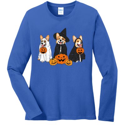 Retro Funny Ghost And Witch Corgi Dog Pumpkin Halloween Cute Ladies Long Sleeve Shirt