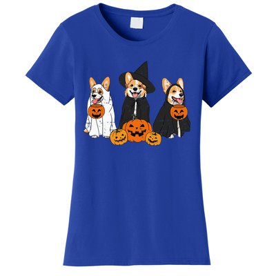 Retro Funny Ghost And Witch Corgi Dog Pumpkin Halloween Cute Women's T-Shirt