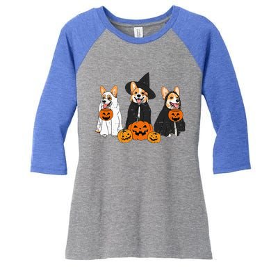 Retro Funny Ghost And Witch Corgi Dog Pumpkin Halloween Cute Women's Tri-Blend 3/4-Sleeve Raglan Shirt