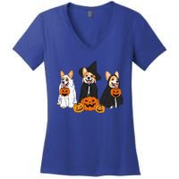 Retro Funny Ghost And Witch Corgi Dog Pumpkin Halloween Cute Women's V-Neck T-Shirt