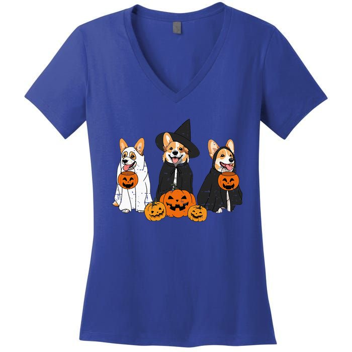 Retro Funny Ghost And Witch Corgi Dog Pumpkin Halloween Cute Women's V-Neck T-Shirt