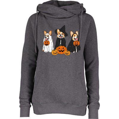 Retro Funny Ghost And Witch Corgi Dog Pumpkin Halloween Cute Womens Funnel Neck Pullover Hood