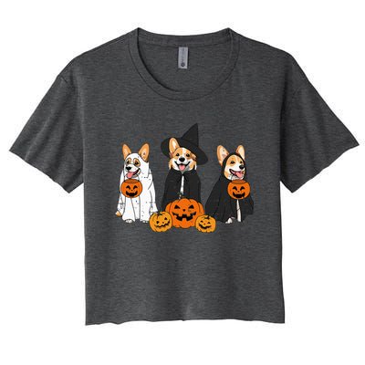 Retro Funny Ghost And Witch Corgi Dog Pumpkin Halloween Cute Women's Crop Top Tee