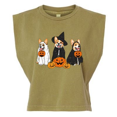 Retro Funny Ghost And Witch Corgi Dog Pumpkin Halloween Cute Garment-Dyed Women's Muscle Tee