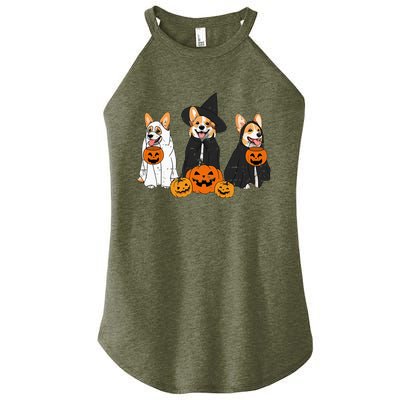 Retro Funny Ghost And Witch Corgi Dog Pumpkin Halloween Cute Women's Perfect Tri Rocker Tank