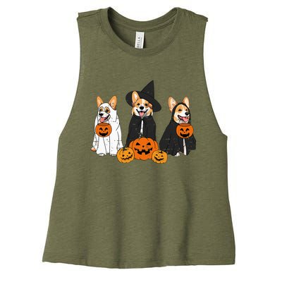 Retro Funny Ghost And Witch Corgi Dog Pumpkin Halloween Cute Women's Racerback Cropped Tank