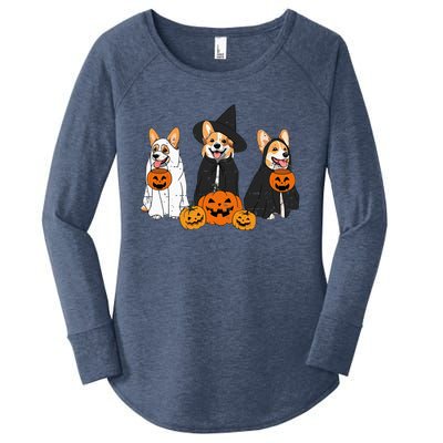 Retro Funny Ghost And Witch Corgi Dog Pumpkin Halloween Cute Women's Perfect Tri Tunic Long Sleeve Shirt