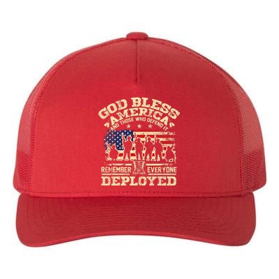 RED Friday God Bless America Remember Everyone Deployed Yupoong Adult 5-Panel Trucker Hat