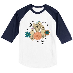 Retro Floral Ghost Halloween Spooky Season Halloween Party Baseball Sleeve Shirt