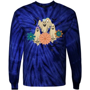 Retro Floral Ghost Halloween Spooky Season Halloween Party Tie-Dye Long Sleeve Shirt