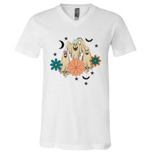 Retro Floral Ghost Halloween Spooky Season Halloween Party V-Neck T-Shirt