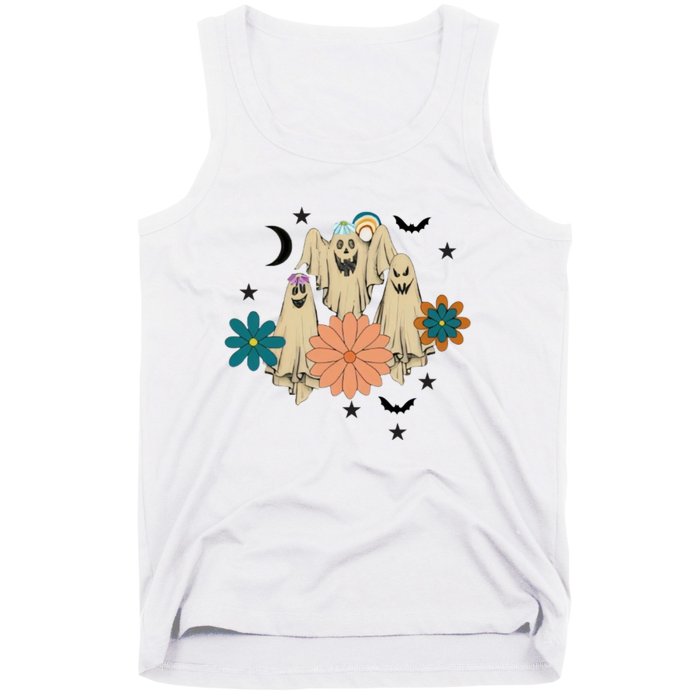 Retro Floral Ghost Halloween Spooky Season Halloween Party Tank Top