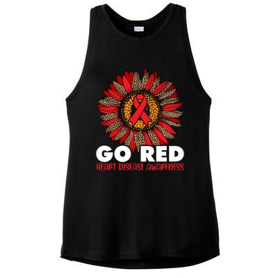 Red For Heart Disease Awareness Month Ribbon Sunflower Gift Ladies PosiCharge Tri-Blend Wicking Tank