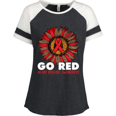 Red For Heart Disease Awareness Month Ribbon Sunflower Gift Enza Ladies Jersey Colorblock Tee