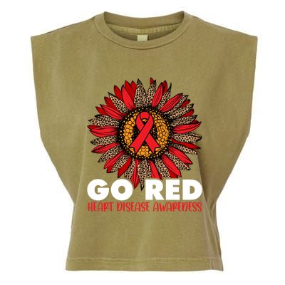 Red For Heart Disease Awareness Month Ribbon Sunflower Gift Garment-Dyed Women's Muscle Tee