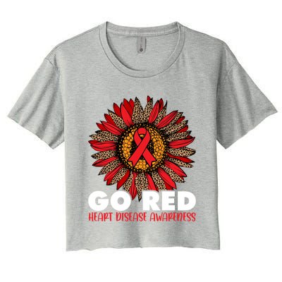 Red For Heart Disease Awareness Month Ribbon Sunflower Gift Women's Crop Top Tee