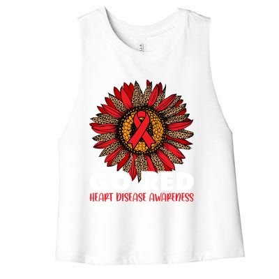 Red For Heart Disease Awareness Month Ribbon Sunflower Gift Women's Racerback Cropped Tank