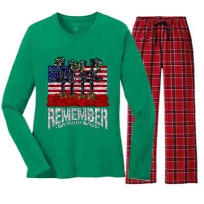 Remember Fallen Heroes Poppy Memorial Day Veteran Soldier Women's Long Sleeve Flannel Pajama Set 