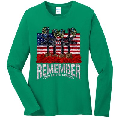 Remember Fallen Heroes Poppy Memorial Day Veteran Soldier Ladies Long Sleeve Shirt