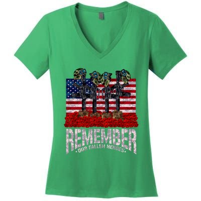 Remember Fallen Heroes Poppy Memorial Day Veteran Soldier Women's V-Neck T-Shirt