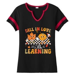 Retro Fall In Love With Learning Autumn Pumpkin Teacher Ladies Halftime Notch Neck Tee