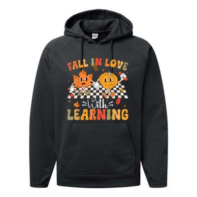 Retro Fall In Love With Learning Autumn Pumpkin Teacher Performance Fleece Hoodie