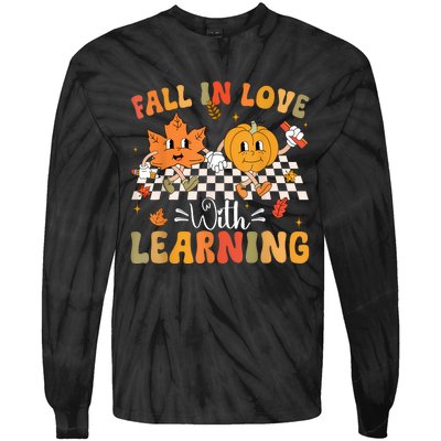 Retro Fall In Love With Learning Autumn Pumpkin Teacher Tie-Dye Long Sleeve Shirt