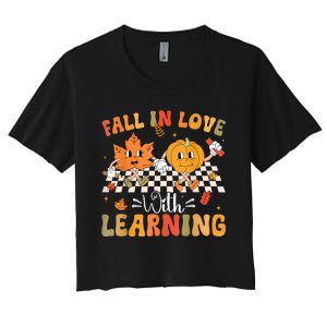 Retro Fall In Love With Learning Autumn Pumpkin Teacher Women's Crop Top Tee