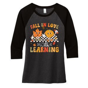 Retro Fall In Love With Learning Autumn Pumpkin Teacher Women's Tri-Blend 3/4-Sleeve Raglan Shirt