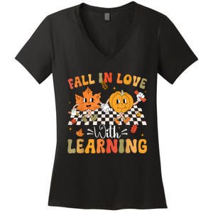 Retro Fall In Love With Learning Autumn Pumpkin Teacher Women's V-Neck T-Shirt