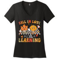 Retro Fall In Love With Learning Autumn Pumpkin Teacher Women's V-Neck T-Shirt