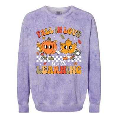 Retro Fall In Love With Learning Autumn Pumpkin Teacher Colorblast Crewneck Sweatshirt