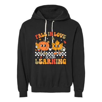 Retro Fall In Love With Learning Autumn Pumpkin Teacher Garment-Dyed Fleece Hoodie