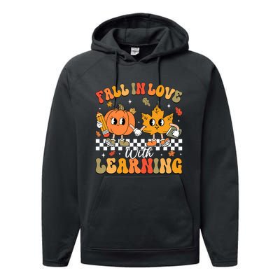 Retro Fall In Love With Learning Autumn Pumpkin Teacher Performance Fleece Hoodie