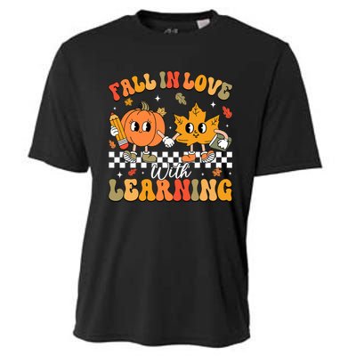 Retro Fall In Love With Learning Autumn Pumpkin Teacher Cooling Performance Crew T-Shirt