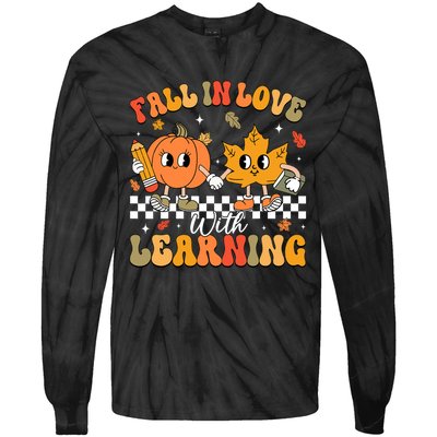 Retro Fall In Love With Learning Autumn Pumpkin Teacher Tie-Dye Long Sleeve Shirt