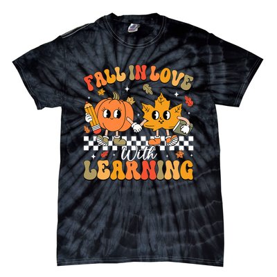 Retro Fall In Love With Learning Autumn Pumpkin Teacher Tie-Dye T-Shirt